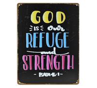 Classic God Is Our Refuge And Strength Metal Sign Scripture Verse Wall-Art for Home Church Office Decor Christian Motivational Tin Sign 8 X 12 inch