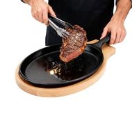 Classic Iron Skillet - Frying Cooking Pan for Kitchen | Cast Iron with Even Heat Distribution, Wooden Tray Holder, Large Pan for Home Restaurant Party Indoor Outdoor Stove Grill Meat Fish