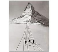 Classic Matterhorn Skiing Photo in Monochrome - Vintage Wall Art Print for Rustic Cabin, Ski Chalet and Mountain Retreat Decor(Framed,08x12inch(20x30cm))