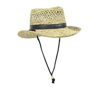 Classic Paja con Parte Superior Plana Gambler 's Sun Hat w/Piel Vegana y Correa de la Barbilla - Marrón -