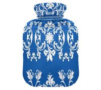 Classic Royal Floral Blue - Botella de agua caliente de viaje con funda suave, bolsa de agua de 1 litro para artritis, artritis
