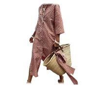 Classic Striped Lace-Up Shirt Dress 3/4 Sleeve Button Down Maxi Cotton Long V Neck for Women Shirt Dresses (Red,L)