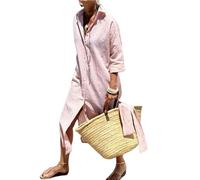 Classic Striped Lace-Up Shirt Dress 3/4 Sleeve Button Down Maxi Cotton Long V Neck for Women Shirt Dresses (Pink,L)
