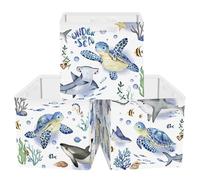 Clastyle Juego de 3 Caja Almacenaje Tela Animales Marinos Cestas Almacenaje Ropa Padres y Madres para Juguetes Cestas Organizadoras Plegable para Armarios, Tortuga, 30x30x30 cm