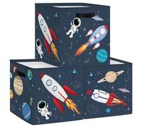 Clastyle Juego de 3 Caja Almacenaje Tela Cósmico Espacio Cestas Almacenaje Ropa Padres y Madres para JuguetesCestas Organizadoras Plegable para Armarios, Cohete, 30x30x30 cm