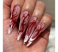 Clataly 24 gotas de sangre francesas de punta larga, uñas falsas, llama roja, uñas falsas, uñas falsas de halloween, mujeres con uñas falsas (B, 24)