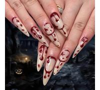 Clataly 24 gotas de sangre francesas de punta larga, uñas falsas, llama roja, uñas falsas, uñas falsas de halloween, mujeres con uñas falsas (A, 24)