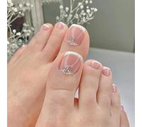 Clataly 24 uñas falsas de flores de cristal cuadradas pulidas estampadas de dedos de los pies uñas cortas acrílicas dedos de los pies falsos uñas de los pies artificiales mujeres (A)