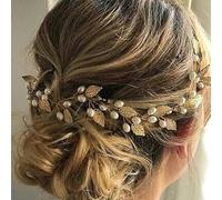 Clataly Diadema de novia con forma de planta trepadora dorada con hojas, diadema de perlas para novia, accesorios para el pelo para mujeres y niñas
