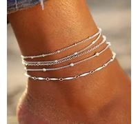 Clataly Juego de 5 Brazaletes de tobillos encadenados tobillos bohemios pulseras de tobillos de varias capas pulseras de tobillera de playa joyas para mujeres y niñas (Plata)