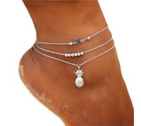 Clataly Tobillera de sol y luna, varias capas de piña, amor, tortuga, cuentas, tobillera de verano, joyas para mujeres con pies de playa (Tobillo de piña de plata)