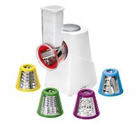 Clatronic me 3604 cortadora verduras eléctrico, ideal para cortar, rallar, triturar, 5 funciones, 5 acce. acero, 150, blanco