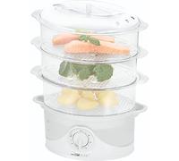 Clatronic Vapor DG 3665 Olla vaporera con 3 recipientes, Temporizador, indicador de Nivel de Agua, 800 W, Color Blanco, 1.5 litros, 44 Decibelios, Aluminio