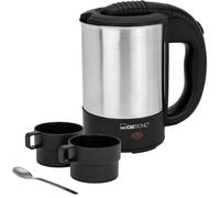 Clatronic WKR 3624, hervidor de agua de viaje, hervidor de agua, Ideal para viajar y viajar, incl. 2 tazas de 170 ml, para transporte/Bolsa de viaje y cuchara de café, acero inoxidable/negro