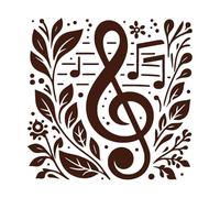 Clave de sol y notas decoradas con elementos florales. Decoración de vinilo para pared 54.6x55.5cm Pintura mural artística Café