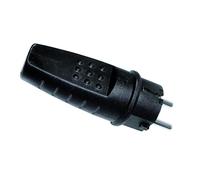 Clavija aérea negra IP44 de goma fenoplástica, resistente al agua y polvo, ideal para conexiones eléctricas exteriores.