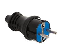 Clavija de caucho negra IP44, 16A, 250V, ideal para uso en exteriores y ambientes húmedos, proporciona conexión segura y duradera.