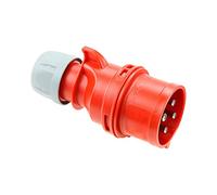 Clavija industrial 3P + T, 32A 400V~, IP44, ideal para conexiones eléctricas en ambientes húmedos y uso en maquinaria pesada.