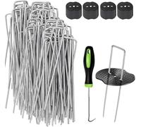 Clavijas de Membrana para malezas, Paquete de 100 Clavijas de Metal de 150 mm + 50 Arandelas amortiguadoras, Clavijas de Tierra Resistentes, Pinzas de jardín de Tela, Grapas de césped Artificial para