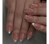 Clavos artificiales de almendra corta de plata de encaje francés uñas acrílicas cobertura completa para pegar en las uñas fácil de presionar las uñas para mujeres y niñas