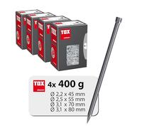 Clavos de alambre TOX en 4 tamaños con cabeza aplanada, juego para fijaciones casi invisibles en madera: 2,2 x 45/2,5 x 55/3,1 x 70/3,1 x 80 mm, acero brillante, 400 g en cada caja, 063909010