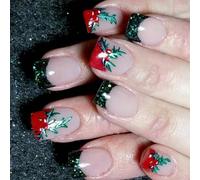 Clavos de cubierta completa de navidad prensa francesa en las uñas uñas cortas cuadradas falsas uñas artificiales para invierno Navidad cobertura completa en las uñas falsas francesas