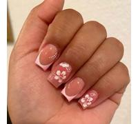 Clawrex Square Press On Nails Corto, 24 Unidades Flores Uñas para Pegar, Completo Cover Flower Fake Uñas con Pegamento de Uñas, Corta Uñas Artificiales para Pegar para Mujeres, Falsas Pegatinas Uñas