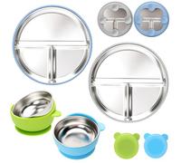 CLDY - Juego de 4 platos y tazones de acero inoxidable para bebés - Base de silicona 100% con ventosa - Platos de destete para niños pequeños - Platos divisores irrompibles - Sin BPA