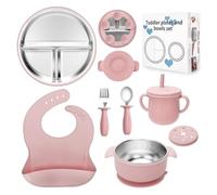 CLDY Juego de 8 platos para bebé, con plato de acero inoxidable, cuenco para niños pequeños, babero de silicona con cuchara, vaso para aprender a beber, con ventosa de silicona extraíble, sin BPA, a