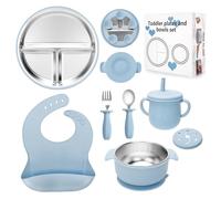 CLDY Juego de 8 platos para bebé, con plato de acero inoxidable, cuenco para niños pequeños, babero de silicona con cuchara, vaso para aprender a beber, con ventosa de silicona extraíble, sin BPA, a