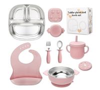 CLDY Juego de 8 platos para bebé, con plato de acero inoxidable, cuenco para niños pequeños, babero de silicona con cuchara, vaso para aprender a beber, con ventosa de silicona extraíble, sin BPA, a
