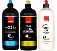 Clean Garage Rupes Combo Kit, botellas de 3 x 1 litro, compuestos de pulido gruesos, finos, ultrafinos, material de lana, compatible con metal, kits de limpieza automotriz