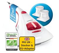 CLEANmaxx Aspirador de ácaros con enchufe británico y adaptador de viaje, control de alérgenos y esterilización mediante luz UV-C y filtro de polvo fino, sin químicos y seguro para cama, colchón, etc.