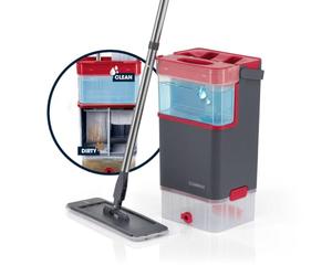 CLEANmaxx Confort Mopp DuoTank - Mopa con depósitos Desmontables, fregona con 100% Agua Fresca y Sucia separada higiénicamente | Zonas de Lavado y Secado | Mango de 132 cm, Incluye 2 paños de