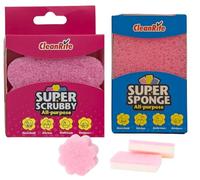 CleanRite Pack 4 × Esponjas Multiusos - 1 Super Scrubby Flor + 2 Super Sponge Doble Capa (Amarillo o Rosa) | No Raya, Cocina / Baño / Exterior (Rosa)