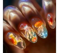 Clear Blue Almond Fake Nails 24PCS Set Jellyfish Pattern Press On Nails Breathable Design For Everyday Use Ergonomic Press On Nail For Daily Use