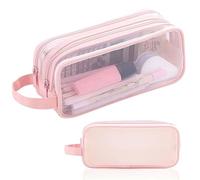 Clear Pencil Case, Mesh Pencil Pouch, Large Grid Mesh Pencil Case 2 Compartment Pen Bag, Multifunction Storage Bag Makeup Bag, Zipper Transparent Stationary Pen Cases (A)