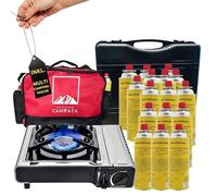 Clearfee Juego de hornillos de gas de acero inoxidable Deluxe, hornillo de camping portátil, cartucho de gas, hornillo de gas (hornillo de gas + 16 cartuchos de gas)