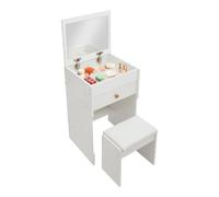 ClearFragrans Tocador con espejo y taburete, tocador plegable, mesita de noche 2 en 1, cajón, compartimento de almacenamiento, 90 kg, para dormitorio, color blanco