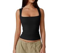 Cleargget Tank Top, Women's Padded Square Neck Basic Slim Sleeveless Double-Layer Vest (Black,XL)