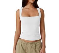 Cleargget Tank Top, Women's Padded Square Neck Basic Slim Sleeveless Double-Layer Vest (White,M)