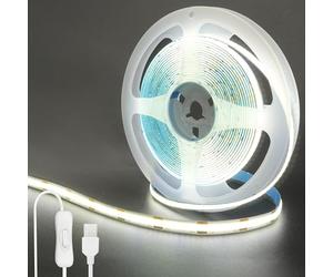 Clearhill 5V USB COB LED Strip Lights with Switch,9.84FT/3M,Cool White 6500K,320LEDs/M,8mm Width,Not Waterproof IP20,1M USB Cable,for DIY Home Indoor Decoration