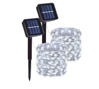 Clearhill Guirnalda de luces solares para exteriores, 2 paquetes de 10 m, 100 LED, 8 modos, impermeables, funciona con energía solar, para jardín, patio, boda, decoración de fiesta, Yang 15:17