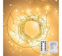 Clearhill Paquete de 2 luces de hadas a batería con control remoto, 19 pies/6 m, 200 luces LED cálidas de petardo, 8 modos, cadena de luces de alambre de cobre impermeable para dormitorio, boda,