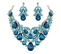 Clearine Juego de Joyas para Fiesta Nupcial Bohemio Gota de Cristal Hoja Ahueca hacia Fuera Collar Llamativo Conjunto de Pendientes Colgantes para Mujer Color Turquesa Tono Dorado