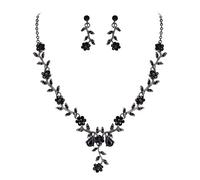 Clearine Juegos de Joyas Conjunto de Joyería de Boda Collar con Colgante de Cristal de Flor de Racimo de Hojas, de Aretes Colgantes,Color Negro-Tono