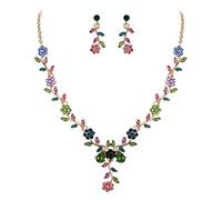 Clearine Juegos de Joyas Conjunto de Joyería de Boda Collar con Colgante de Cristal de Flor de Racimo de Hojas, de Aretes Colgantes,Color Multicolor Oro-Tono