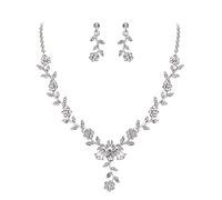 Clearine Juegos de Joyas Conjunto de Joyería de Boda Collar con Colgante de Cristal de Flor de Racimo de Hojas, de Aretes Colgantes,Color Claro Plata-Tono