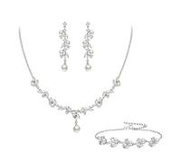 Clearine Juegos de Joyas de Mujer Conjunto de Joyería de Perlas Nupciales Collar de Racimo de Circonia Cúbica de Marquesa de Simuladas Pendientes Colgantes y Pulsera