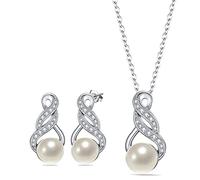 Clearine Mujer de plata de ley 925 Delicate Elegant CZ Cream perlas cultivadas en espiral infinito colgante collar gancho pendientes joyas set, Plata de ley, circonita cúbica, perla cultivada en agua